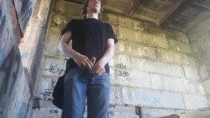 Outdoor Wank and Cum in Ruined Building