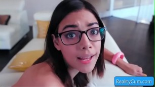 Sexy nerdy brunette teen Harmony Wonder enjoy getting monster fat cock inside her juicy pussy doggy style and reach intense orgasm